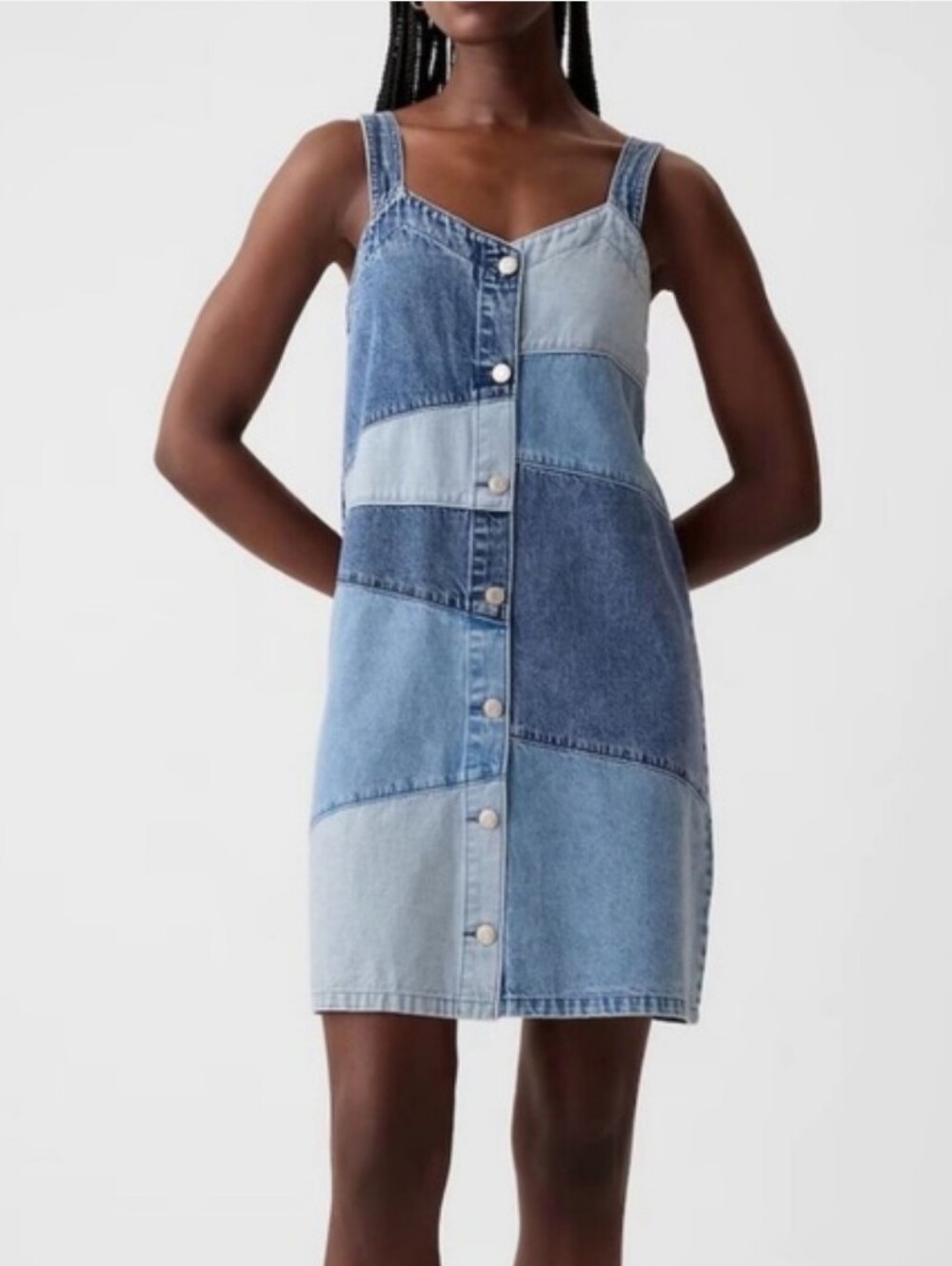 GAP Patchwork Denim Mini Dress Size XL Tall Button Front Blue
